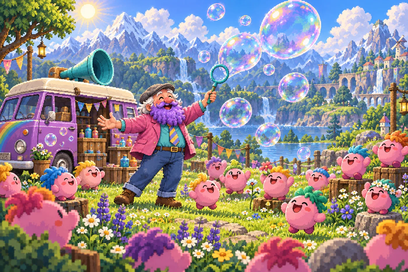 Garry blowing giant bubbles for a crowd of cheering Glibs in a flower meadow, his purple van behind him