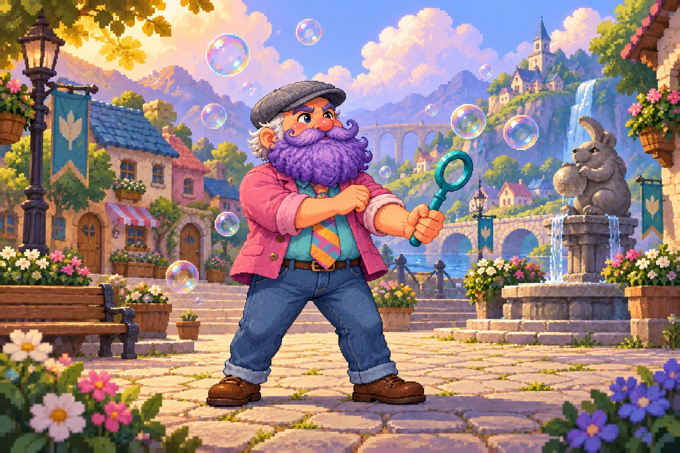 Garry alone in the quiet town square, rolling up his sleeves and gripping his bubble wand