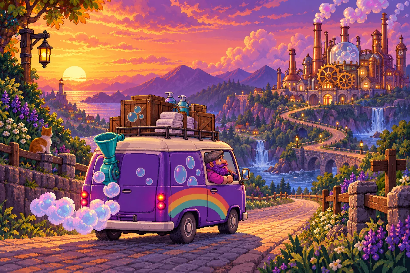 Garry's purple van driving at sunset down a winding road toward a workshop of chimneys